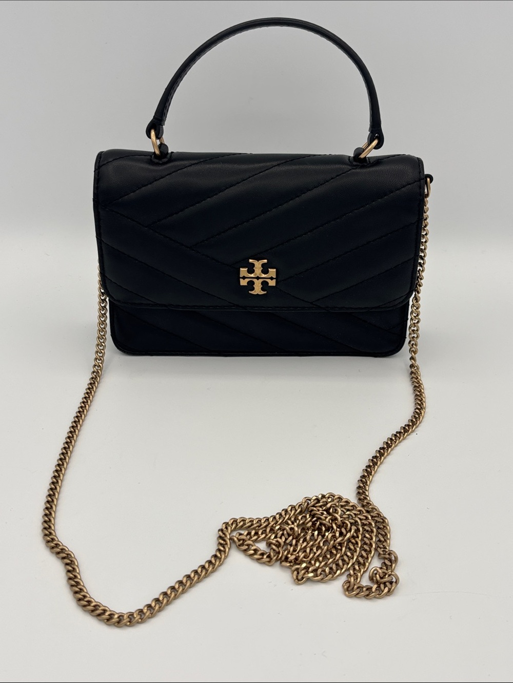 Tory Burch Kira Chevron Mini Top-Handle Crossbody - Gold Chain - Black - EUC